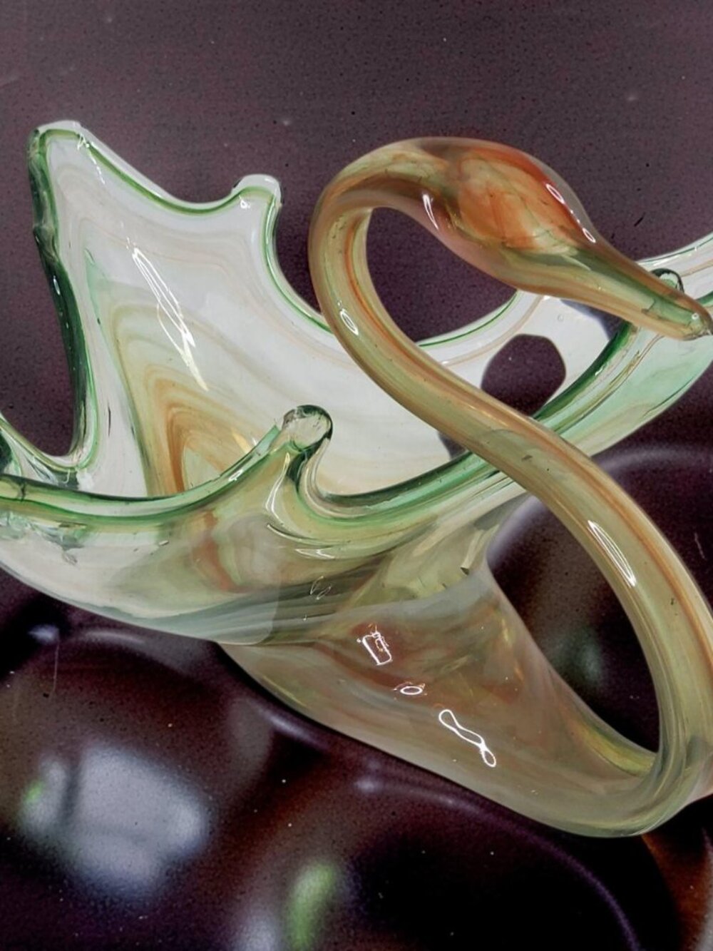 Vintage Mid - Century Sooner or Arklahoma Art Glass Swan - Green, Yellow and Ora
